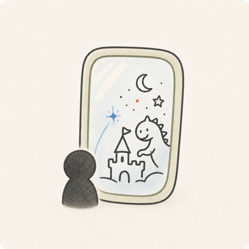 Mirror app concept with a person watching living doodles appear behind glass
