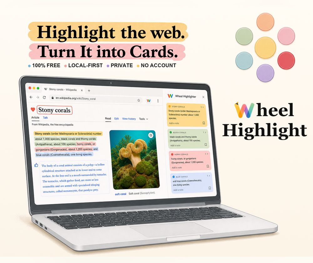 Wheel Highlighter promo showing highlighted web text becoming cards on a laptop