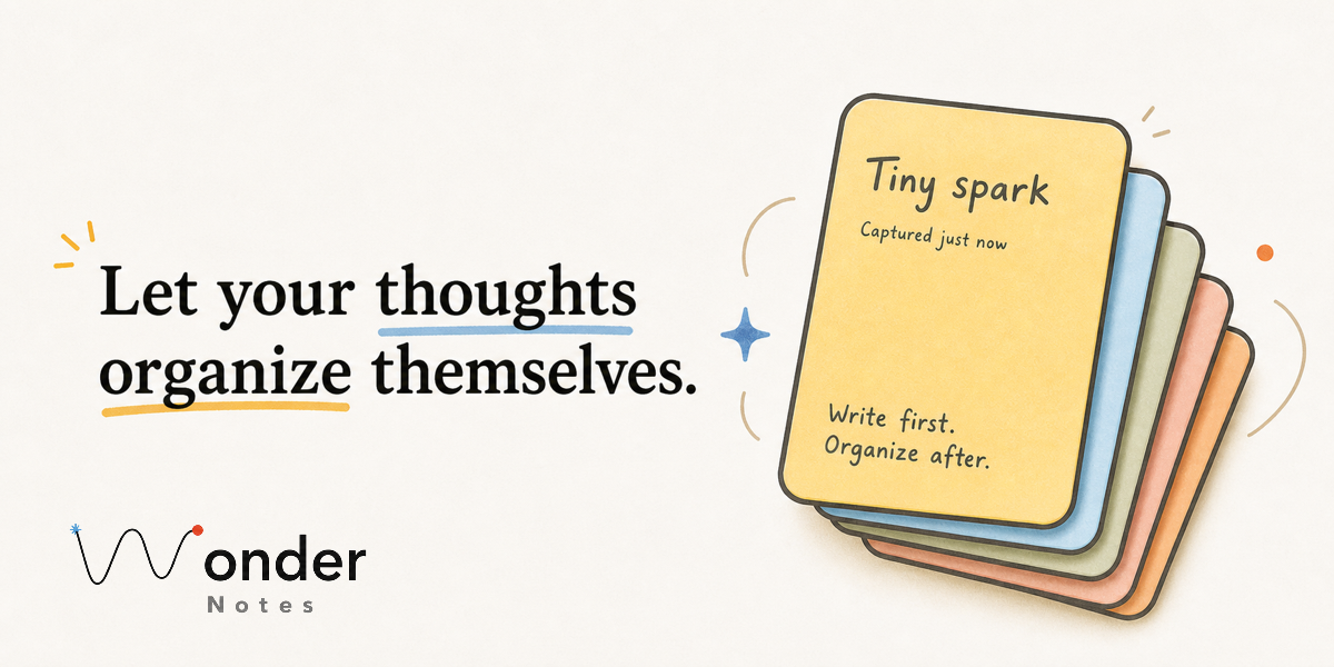 Wonder Notes poster showing thoughts organizing themselves into cards